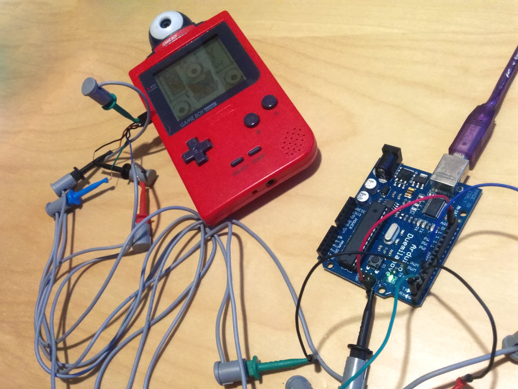 Photo of Game Boy connected to an Arduino